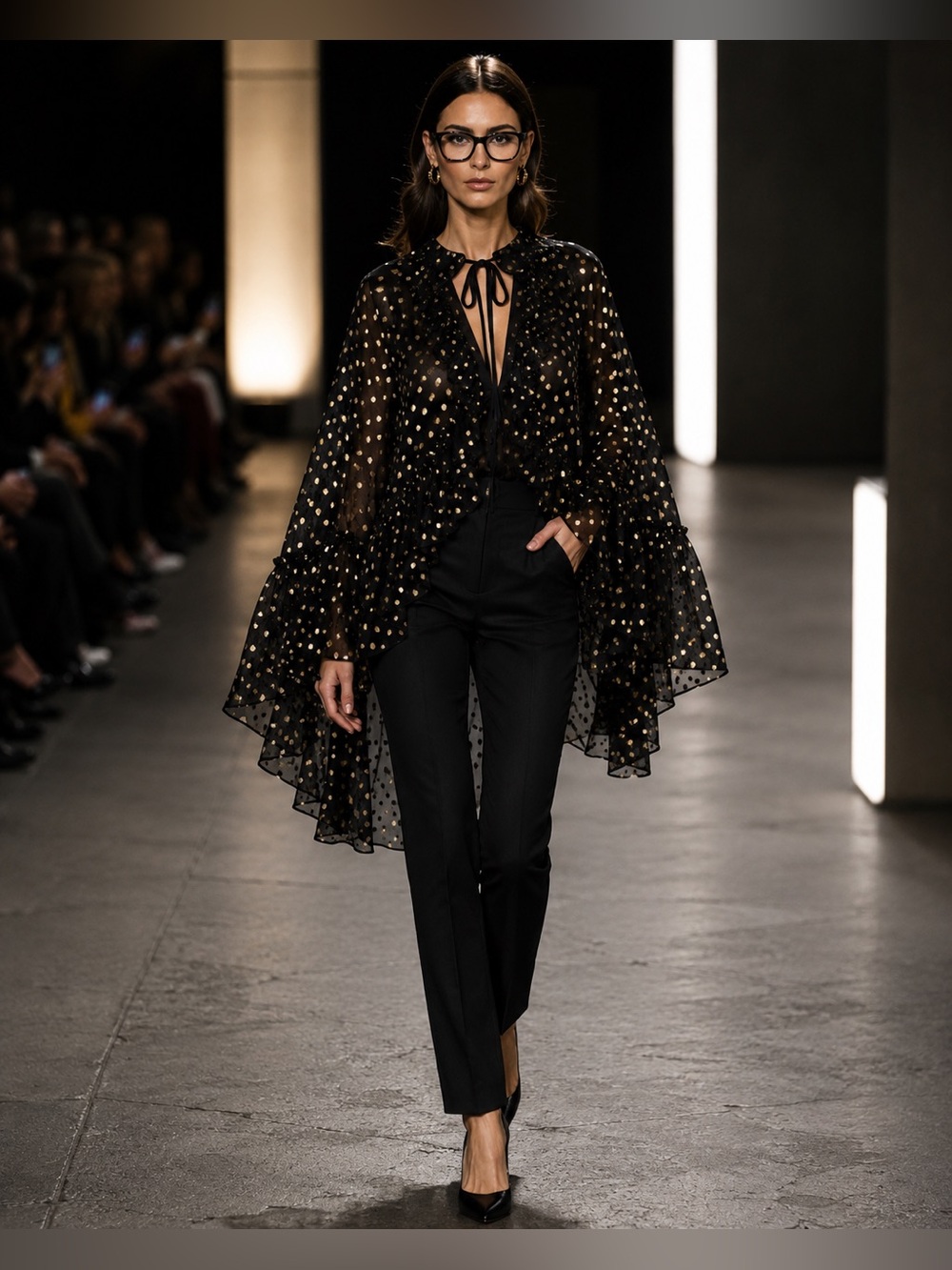 Saint Laurent Black & Gold Metallic Polka Dot Cape | Runway Statement Piece